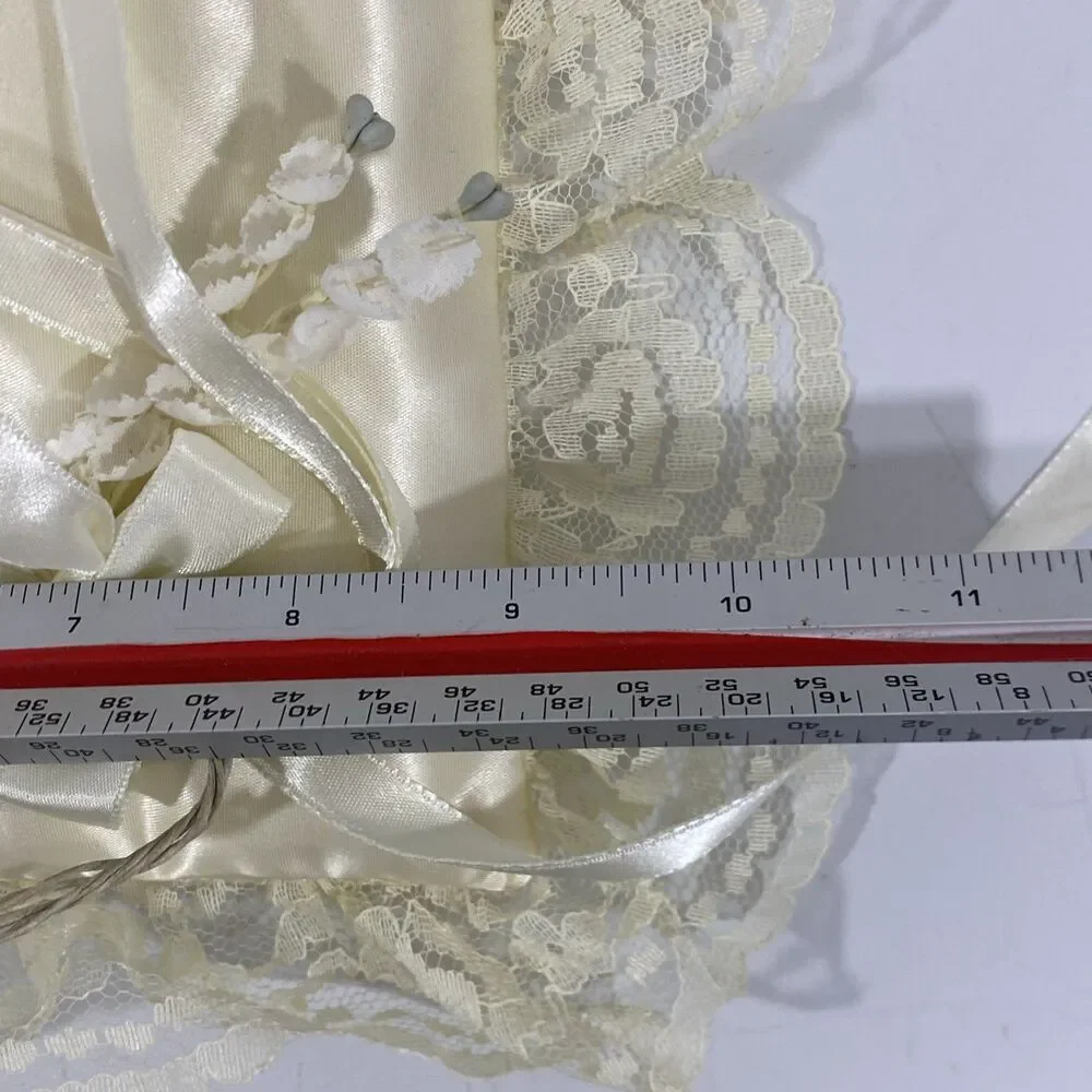 Vintage Satin Wedding Ring Bearer Pillow Champagne Lace And Silk Flowers 10.5”